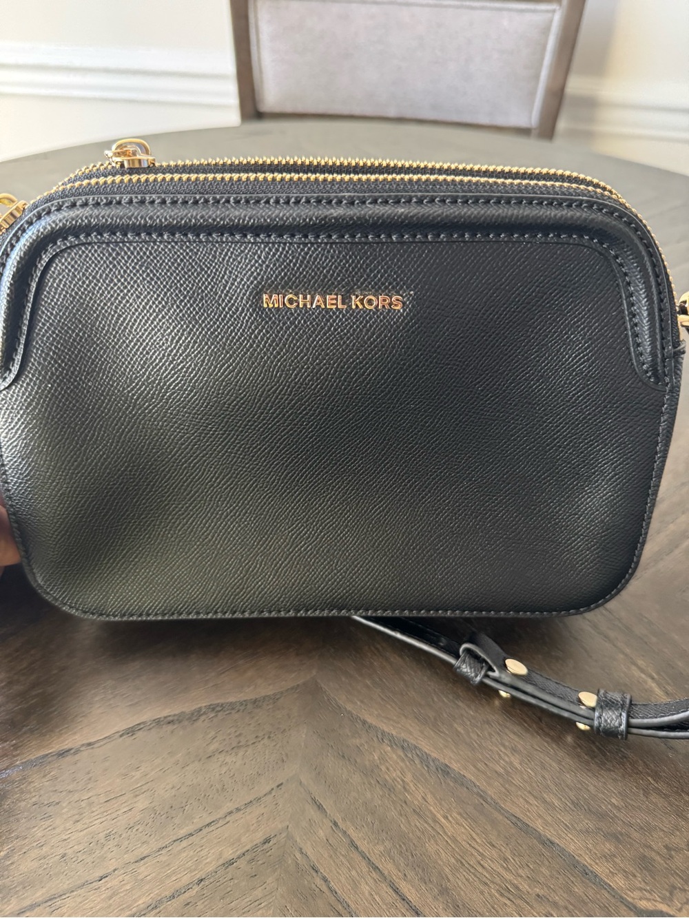 Michael Kors Black Leather Double-Zip Crossbody with Gold Hardware